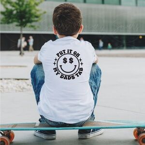 Kids White Graphic Tee — 'Put It On My Dad's Tab'